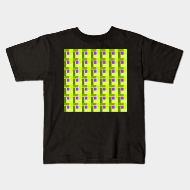 Green toned with purple centre square pattern with rectangular shapes Kids T-Shirt by stephenignacio